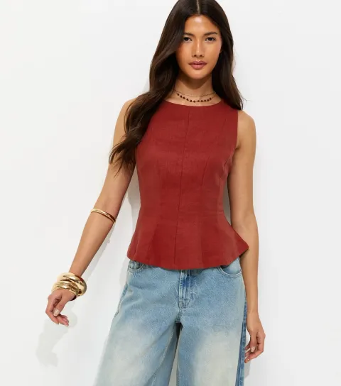 Women's Red Linen Blend Peplum Top