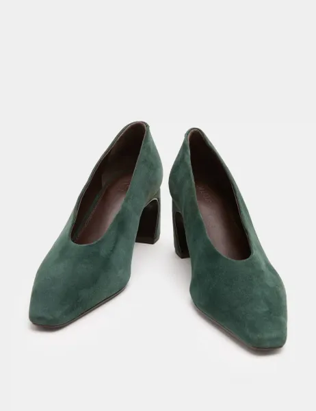 Jaeger Suede Block Heel Pointed Court Shoes Dark Green