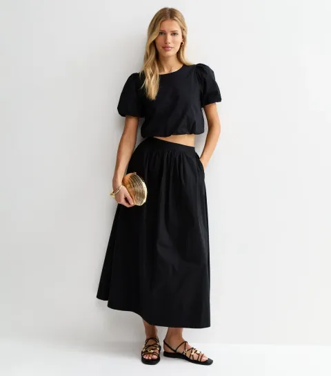 Women's Black Cotton Poplin Circle Midi Skirt