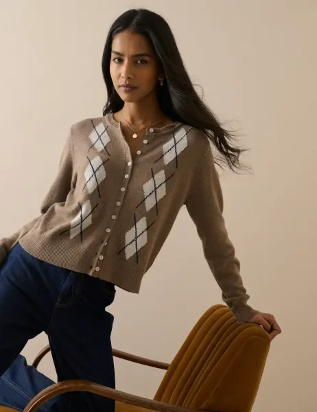 Nobody's Child Cotton with Wool Argyle Crew Neck Cardigan Beige