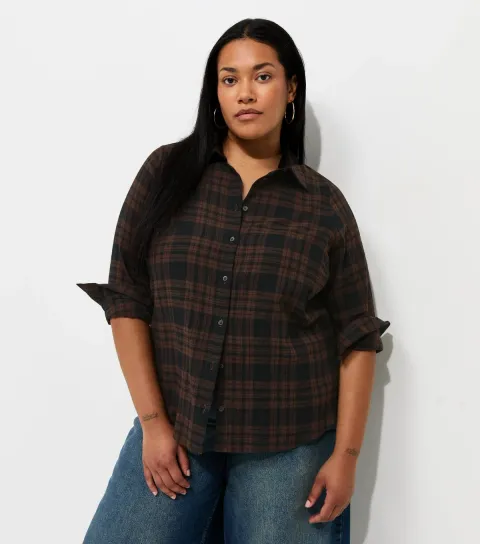 Women's Plus Size Brown Cotton Rich Checked Long Sleeve Shirt Curves