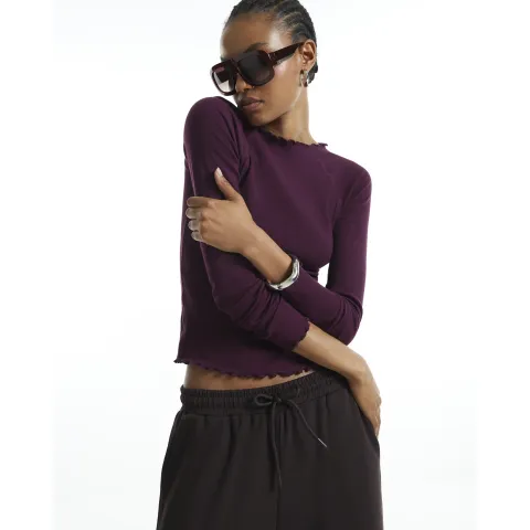 River Island Burgundy Rib Lettuce Hem Top