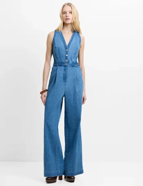 French Connection Pure Cotton Denim Waisted Jumpsuit Blue Denim
