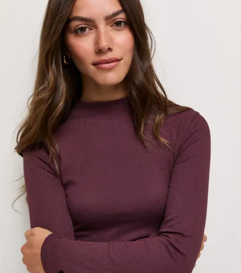 New Look Women's Petite Dark Purple Cotton Rich Rib Stand Neck Long Sleeve Top