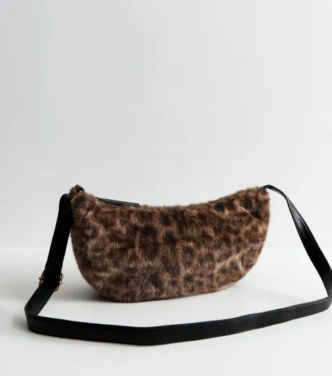 New Look Brown Leopard Print Faux Fur Sling Crossbody Bag