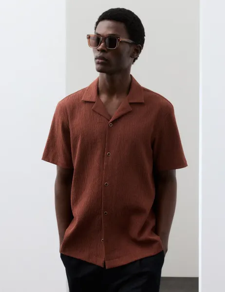 Autograph Regular Fit Crinkle Seersucker Shirt Chestnut