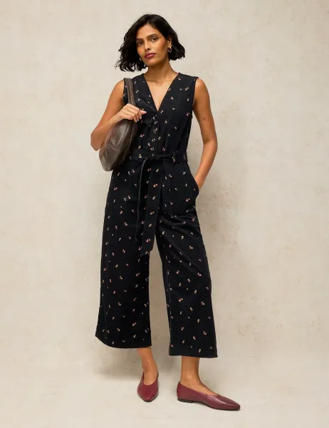 White Stuff Sleeveless V Neck Cotton Dungaree Black Mix