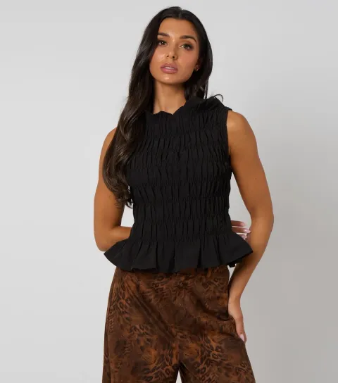 Women's Black Shirred Peplum Hem Top
