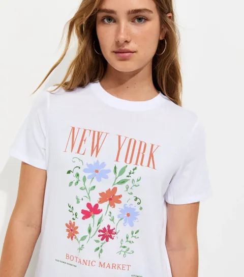 Women's White Cotton New York Flower Print Relaxed T-Shirt