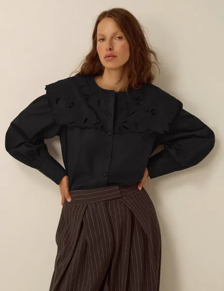 Monsoon Pure Cotton Embroidered Collared Shirt Black