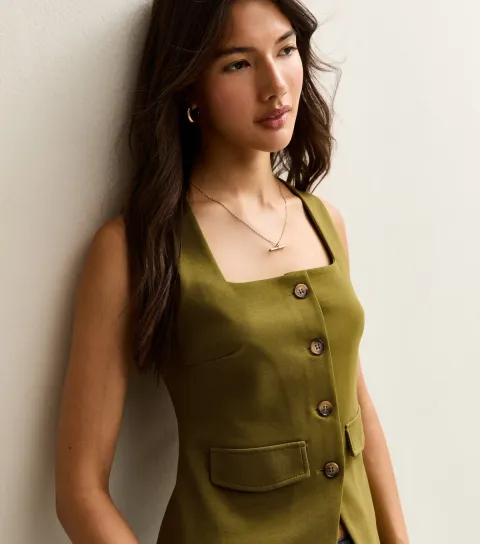 New Look Women's Green Square Neck Button Through Sleeveless Top