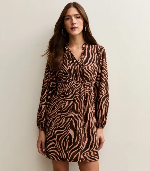 Women's Brown Zebra Print Long Sleeve Mini Dress