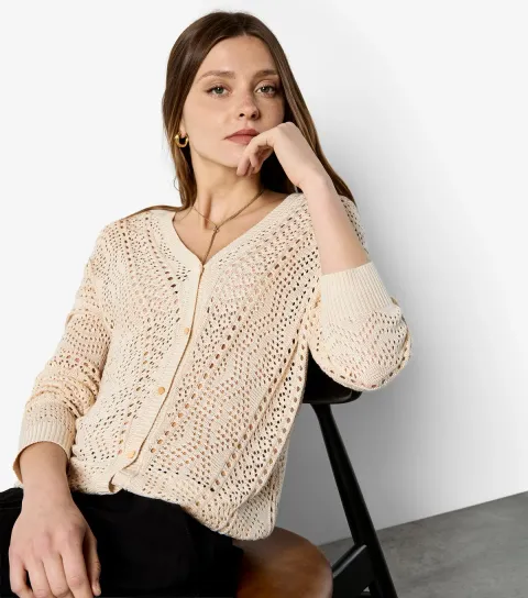 Women's Stone Chevron Open Knit Cardigan