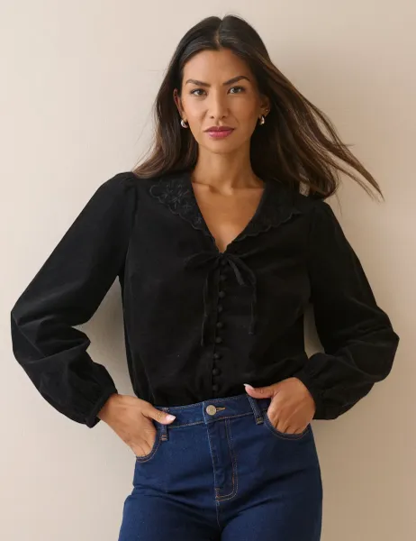 Nobody's Child Cord Collared V-Neck Blouse Black
