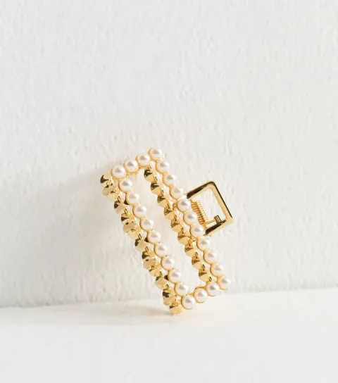 Gold Tone Faux Pearl Rectangle Hair Clip