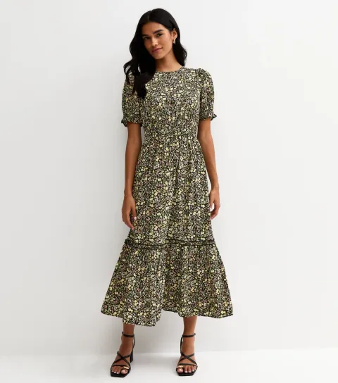 Women's Black Crepe Floral Print Short Sleeve Tiered Midi Dress