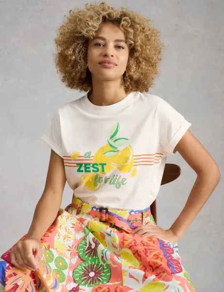 White Stuff Pure Cotton Lemon Graphic T-Shirt White Mix