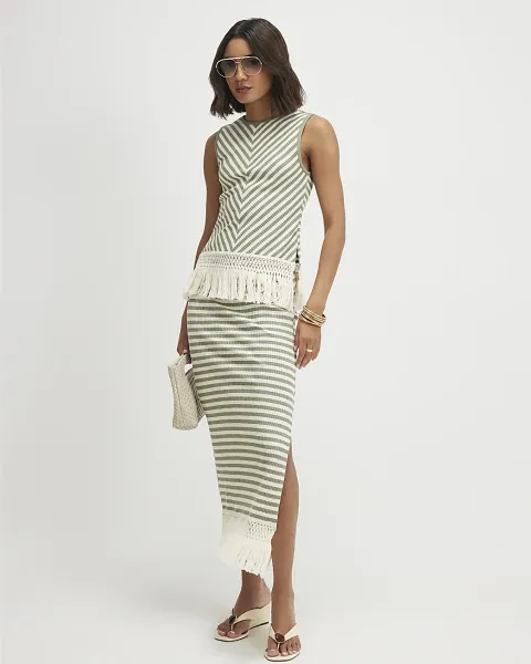 River Island Fringe Hem Striped Midi Skirt