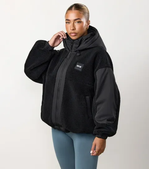 Women's Black Borg Textured Hooded Jacket