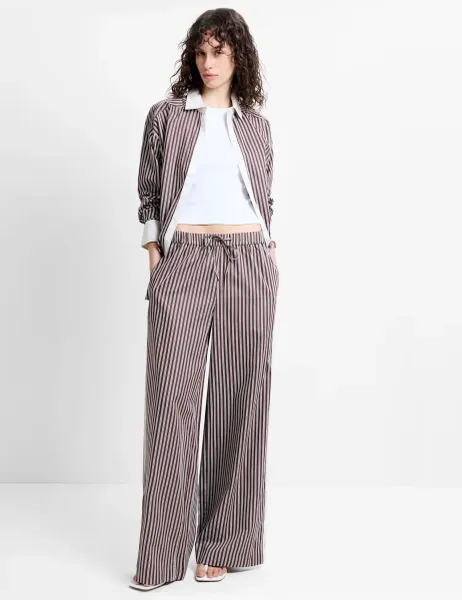 French Connection Pure Cotton Striped Wide Leg Trousers Brown Mix