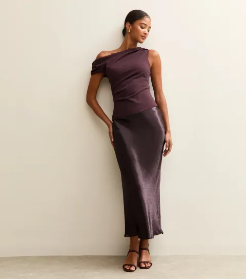 Women's Dark Burgundy Satin Midi Skirt