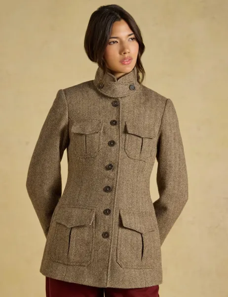 Joules Wool Blend Herringbone Longline Utility Jacket Brown Mix