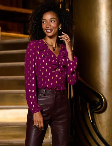 SOSANDAR Fleck Print Ruffle Front Blouse