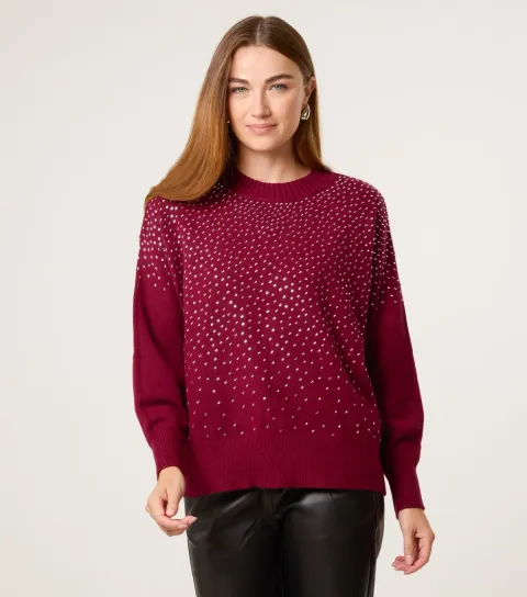 Women's Light Burgundy Diamanté Embellished Jumper