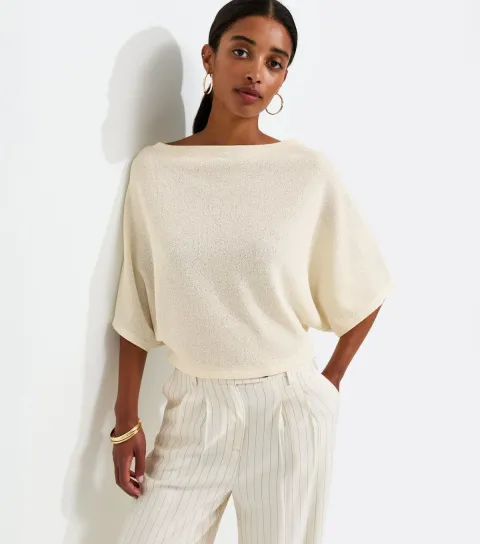 Women's Off White Slash Neck Textured Batwing Top
