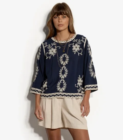 Women's Navy Embroidered Bell Sleeve Top