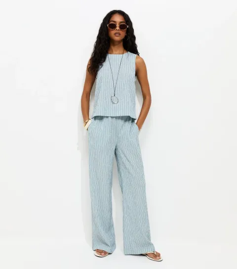 Women's Blue Textured Stripe Wide Leg Trousers
