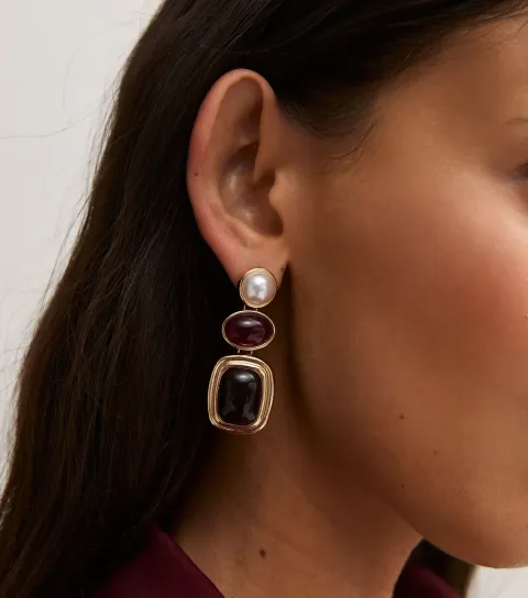 New Look Gold Tone Burgundy Faux Stone Drop Earrings