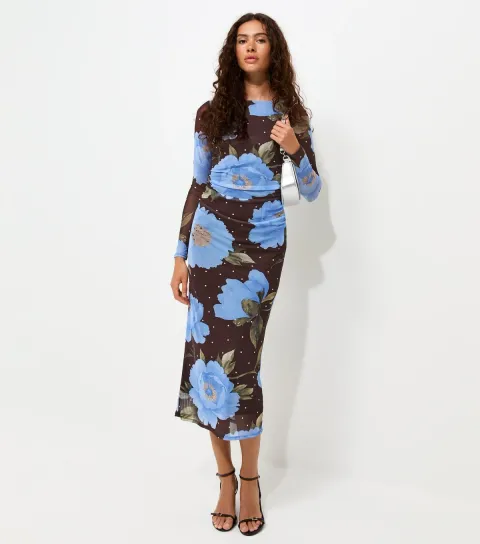 Women's Blue Mesh Floral Ruched Long Sleeve Midi Dress