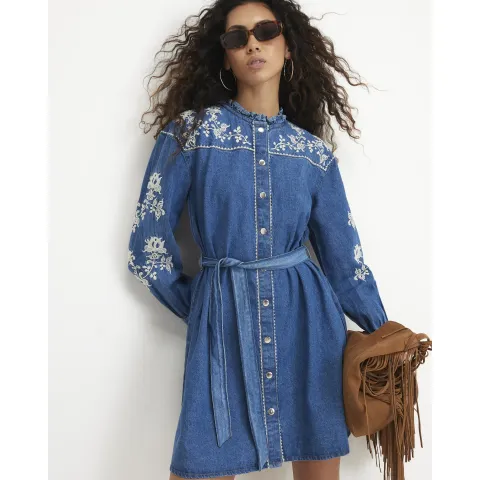 River Island Embroidered Denim Swing Belted Dress