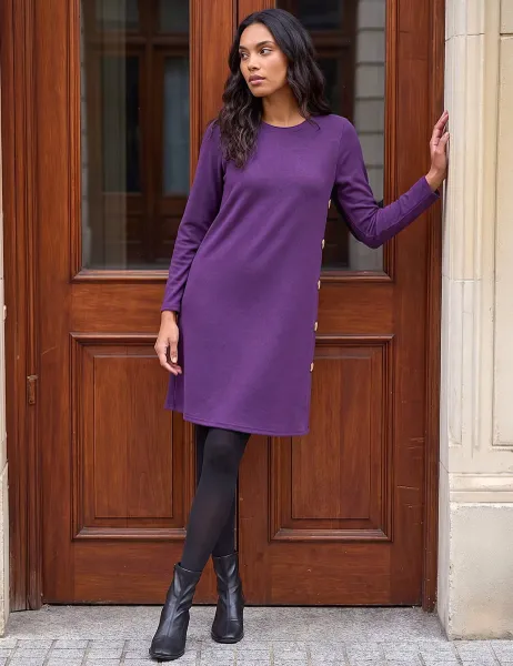 Roman Side Button Detail Round Neck Swing Dress Purple