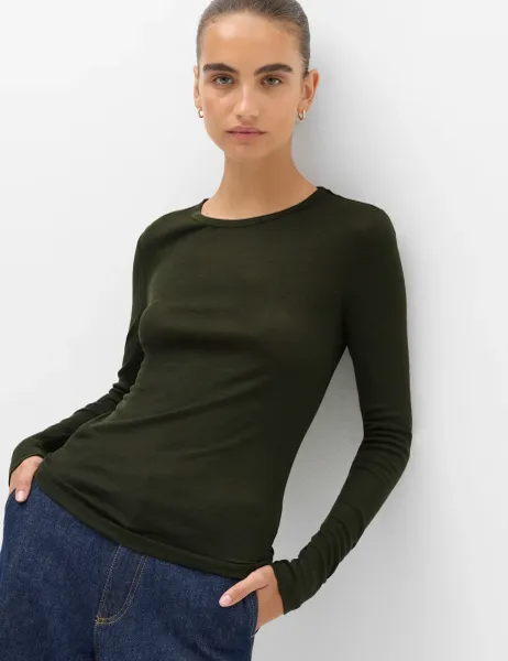 Marks & Spencer Wool Touch Long Sleeve Layering Slim Top Dark Khaki
