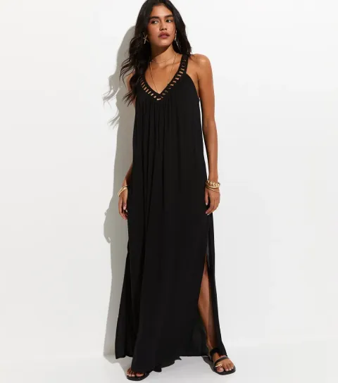 Women's Black Crochet Trim V-Neck Beach Maxi Dress