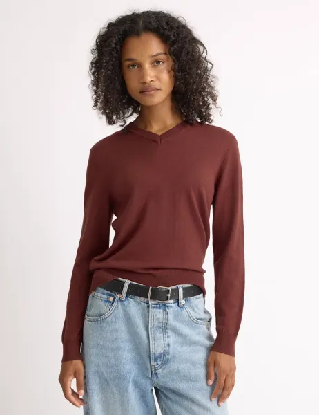 Albaray Cotton Blend V-Neck Jumper with Wool Medium Brown
