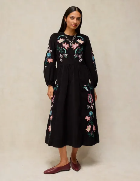 White Stuff Wren Embroidered Cotton Midi Dress