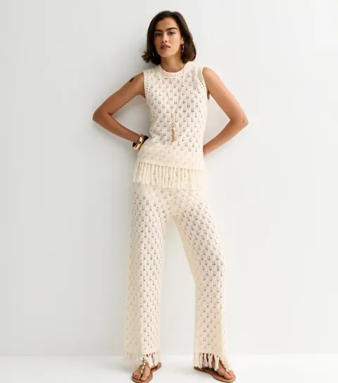 Women's Cream Cotton Rich Knit Tassel Hem Wide Leg Trousers