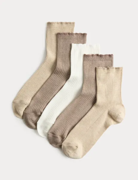 Marks & Spencer 5 Pack Supersoft Ribbed Quarter Socks Natural Mix