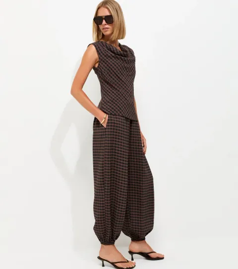 Women's Brown Gingham Print Wide Leg Cuffed Trousers