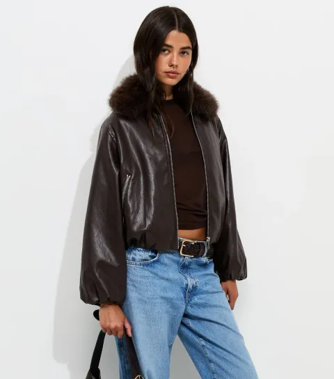 New Look Women's Dark Brown Faux Fur Collar Faux Leather Bomber Jacket