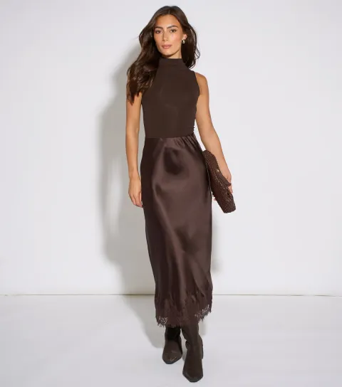 Women's Dark Brown Satin Lace Trim Bias Midi Skirt