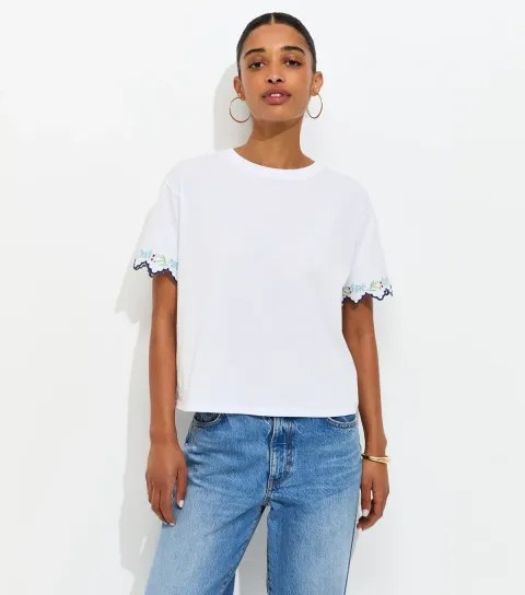 Women's White Embroidered Sleeve Boxy T-Shirt