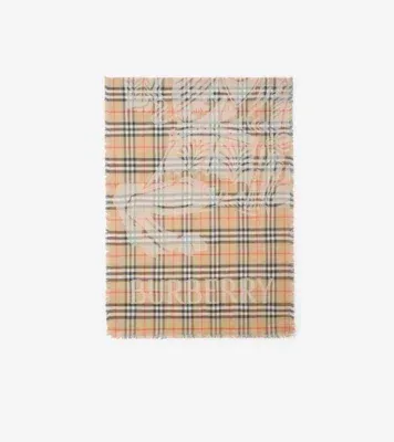 Wide Knight Check Wool Silk Scarf in Sand beige
