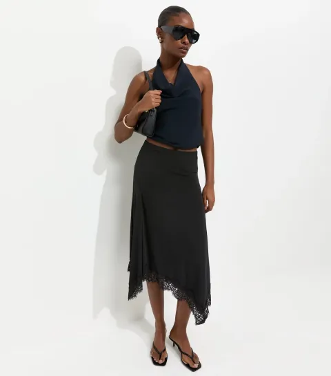 Women's Black Lace Trim Hanky Hem Midi Skirt