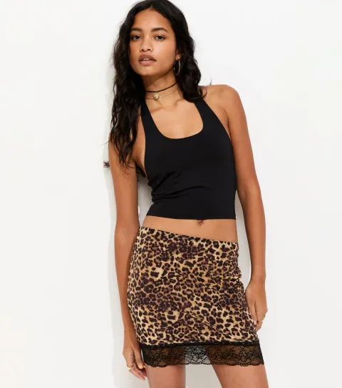 New Look Women's Brown Leopard Print Lace Trimmed Mesh Mini Skirt