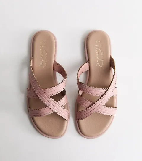 Women's Wide Fit Light Pink Faux Leather Scalloped Flat Mules Vegan