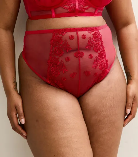 Women's Plus Size Red Floral Embroidered Lace High Waist Thong Curves